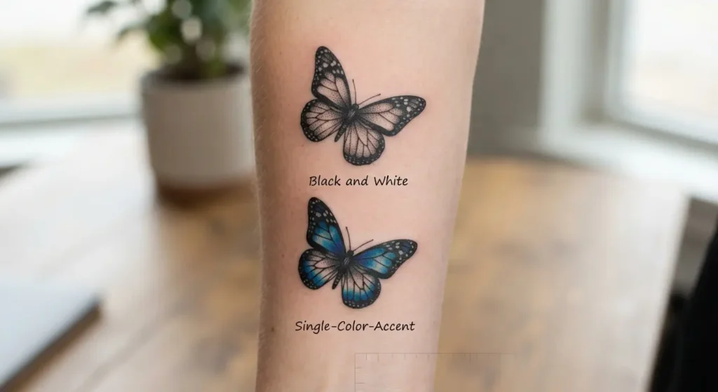 Small butterfly tattoo on wrist, 2 inches wide