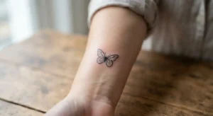 Simple butterfly tattoo with black linework on forearm