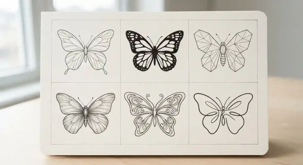 Flat-lay grid of 4–6 line-art butterfly sketches in different styles (fine line, solid black, geometric)