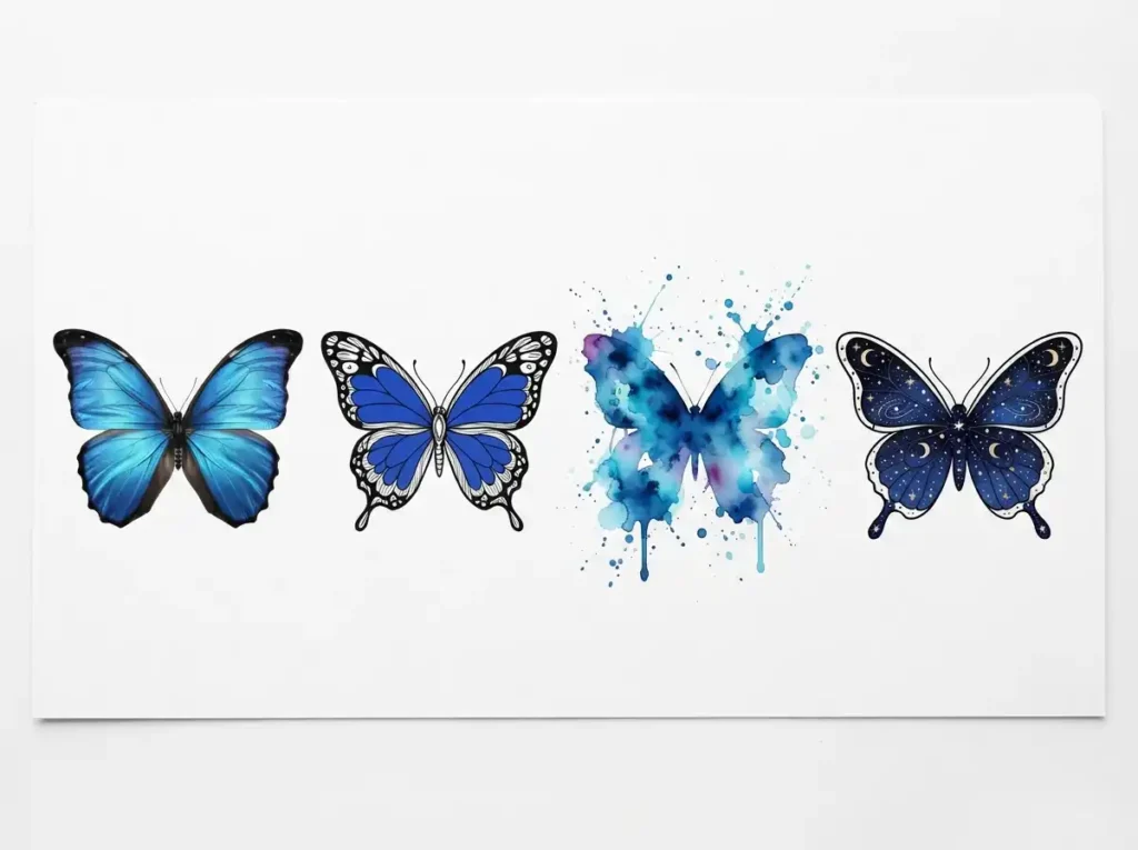 blue butterfly tattoo designs in cobalt teal and navy ink shades