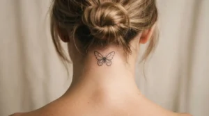 butterfly neck tattoo fine line design on the nape