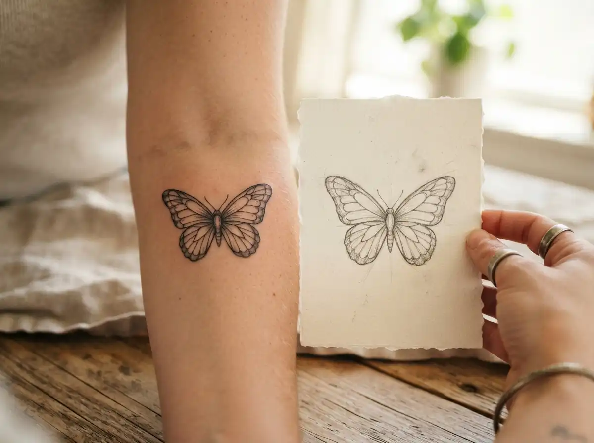 butterfly tattoo drawing compared with finished tattoo on forearm