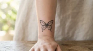 butterfly tattoo fine line design on forearm