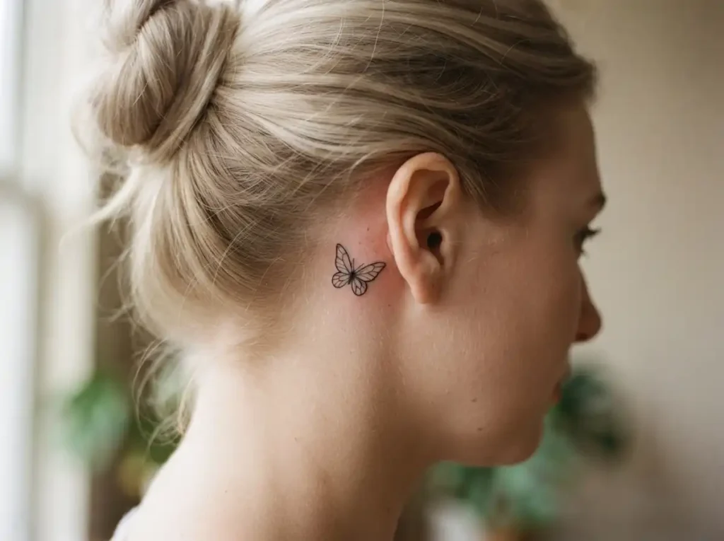 small butterfly tattoo behind the ear close up