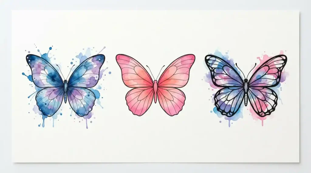 watercolor butterfly tattoo designs in blue purple and pink ink