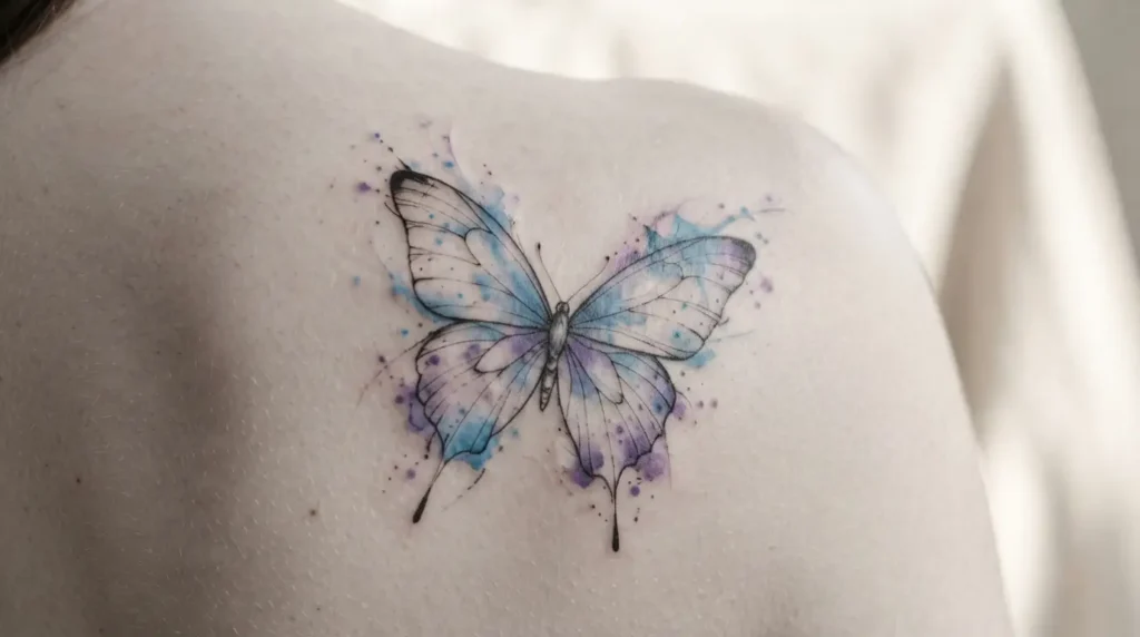watercolor butterfly tattoo with blue and purple paint splashes on shoulder blade