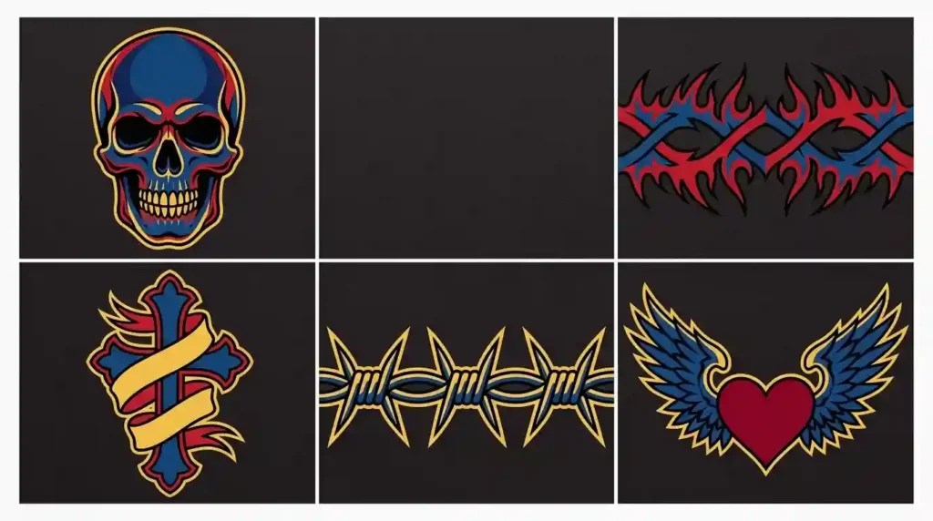2000s rock era tattoo flash with skulls and flames in chester bennington tattoo era style