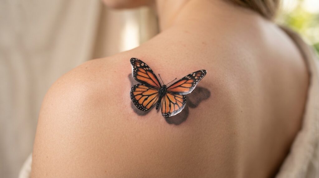 3d butterfly tattoo realistic monarch lifting off a shoulder blade