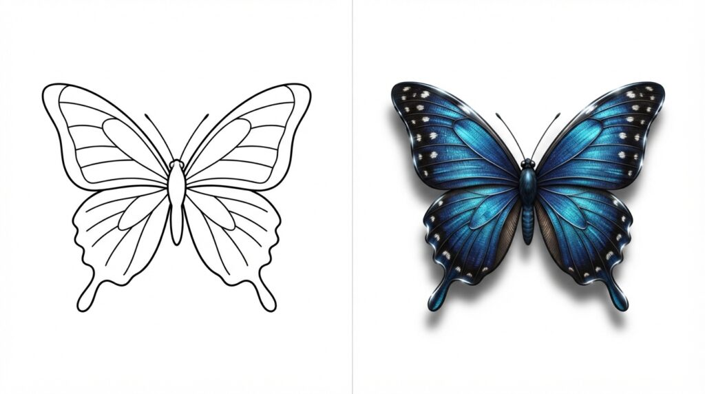 3d butterfly tattoo shading techniques compared with a flat design