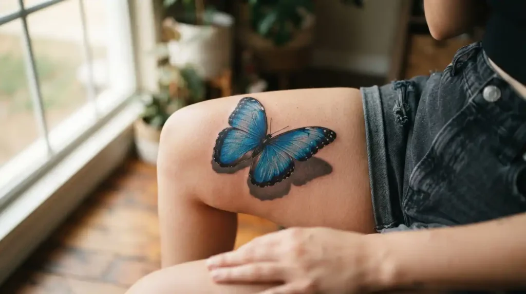 large 3d butterfly tattoo with cast shadow on a woman's thigh