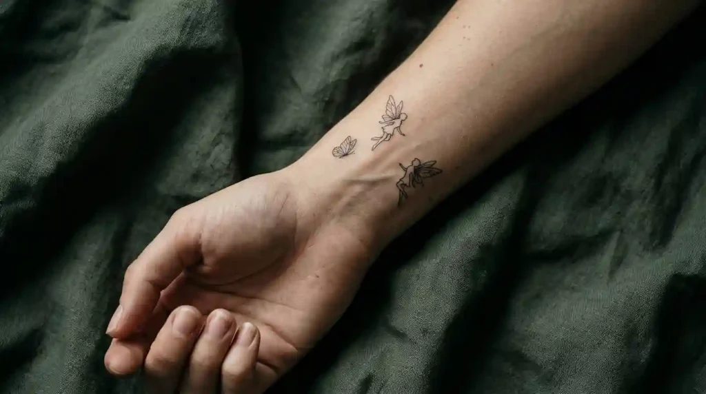 Billie Eilish tattoo style guide fine-line fairies on an anonymous hand with a tiny butterfly