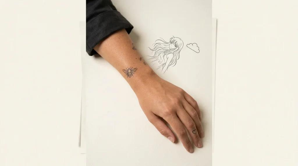 Fine line cloud tattoo on an anonymous middle finger inspired by Ariana Grande