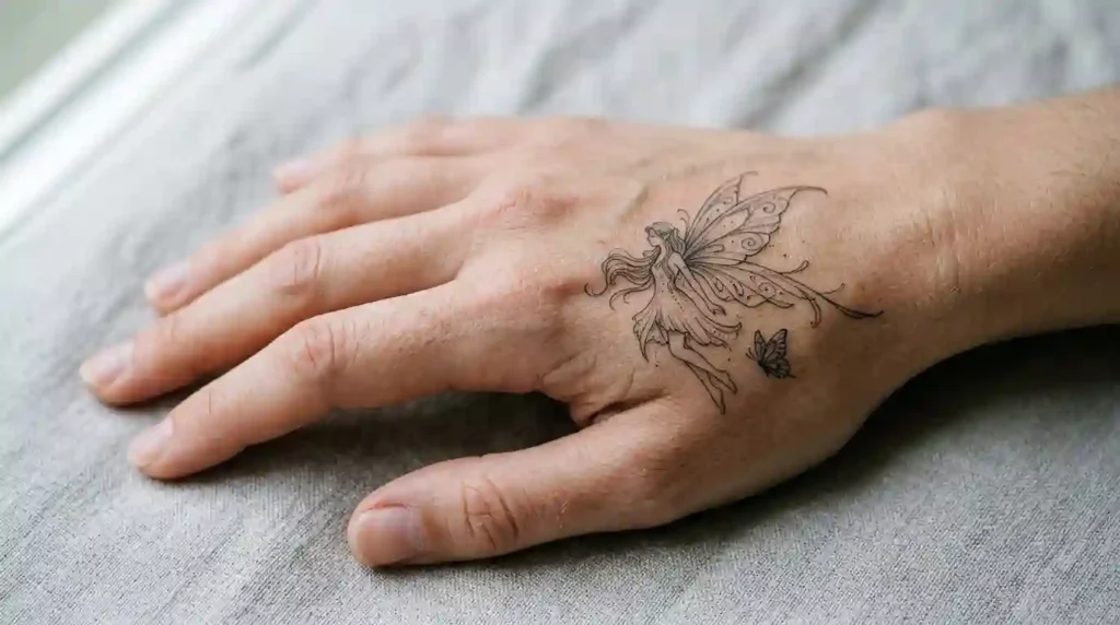 Fine line fairy style tattoo with a tiny butterfly accent on an anonymous hand