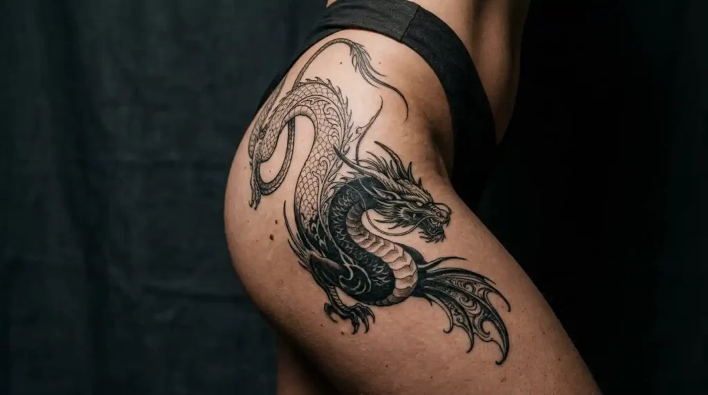 Large black dragon tattoo idea on an anonymous thigh and hip, Billie Eilish tattoo inspired