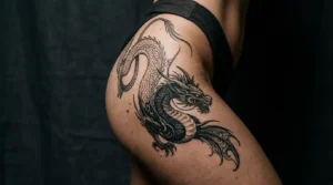 Large black dragon tattoo idea on an anonymous thigh and hip, Billie Eilish tattoo inspired