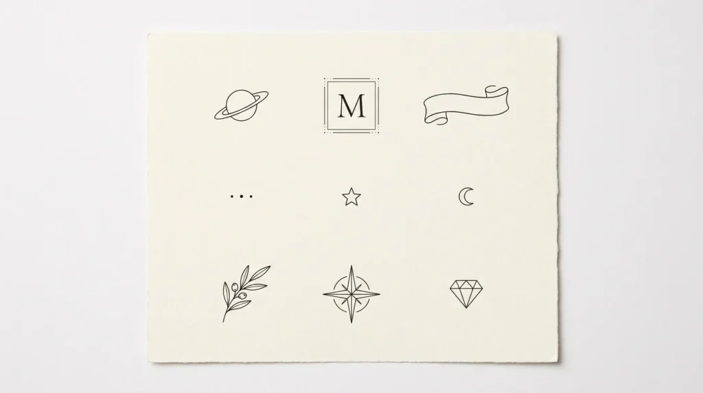 adele tattoo inspired minimal flash with saturn initial and word designs