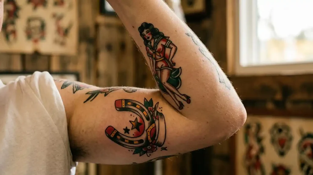 amy winehouse tattoos american traditional pin up and horseshoe style on arm