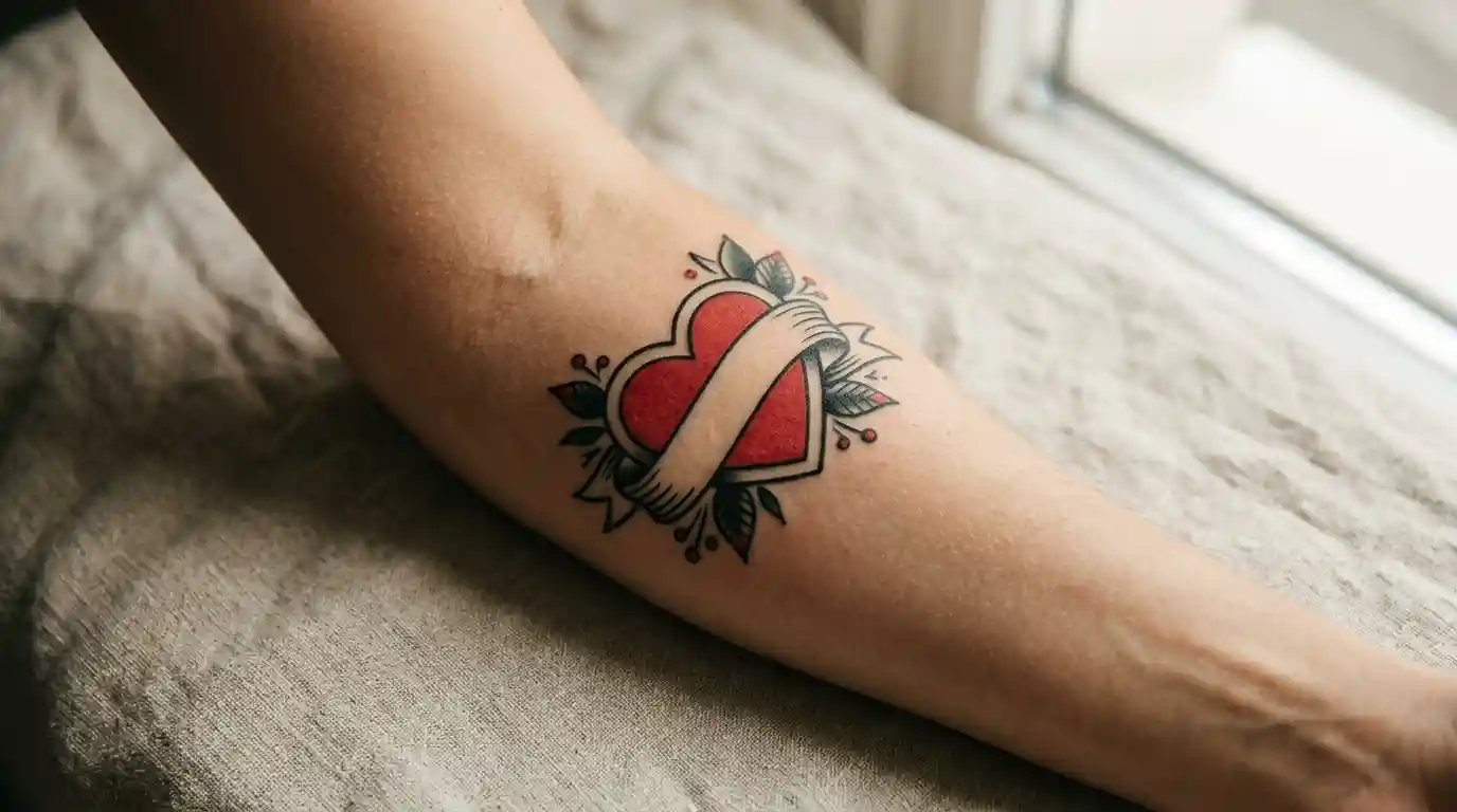 amy winehouse tribute tattoo idea with traditional heart and banner