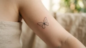 ariana grande butterfly tattoo fine line black ink on upper arm