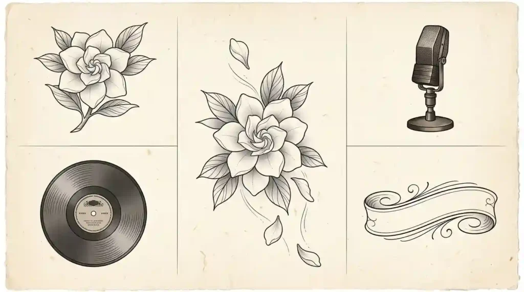 billie holiday tattoo flash ideas with gardenia microphone and script designs