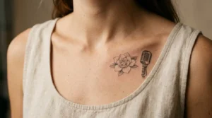 billie holiday tattoo style white gardenia in black and grey on shoulder