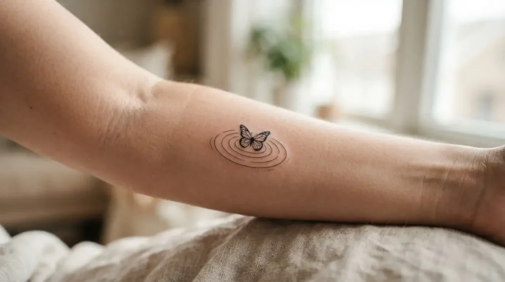 butterfly effect tattoo with ripple lines on a forearm
