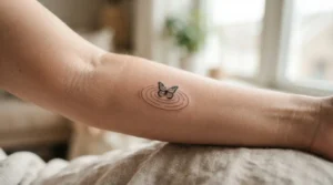 butterfly effect tattoo with ripple lines on a forearm