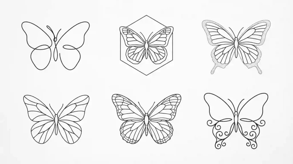 butterfly outline tattoo designs in single line and geometric styles