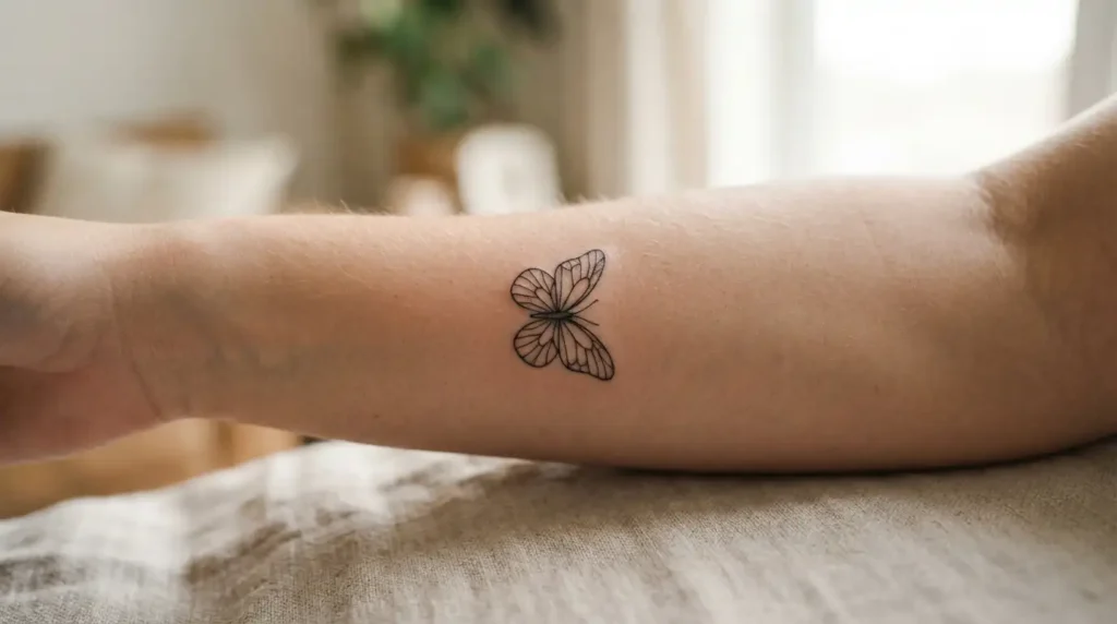 butterfly outline tattoo fine line design on forearm