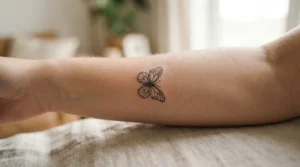 butterfly outline tattoo fine line design on forearm