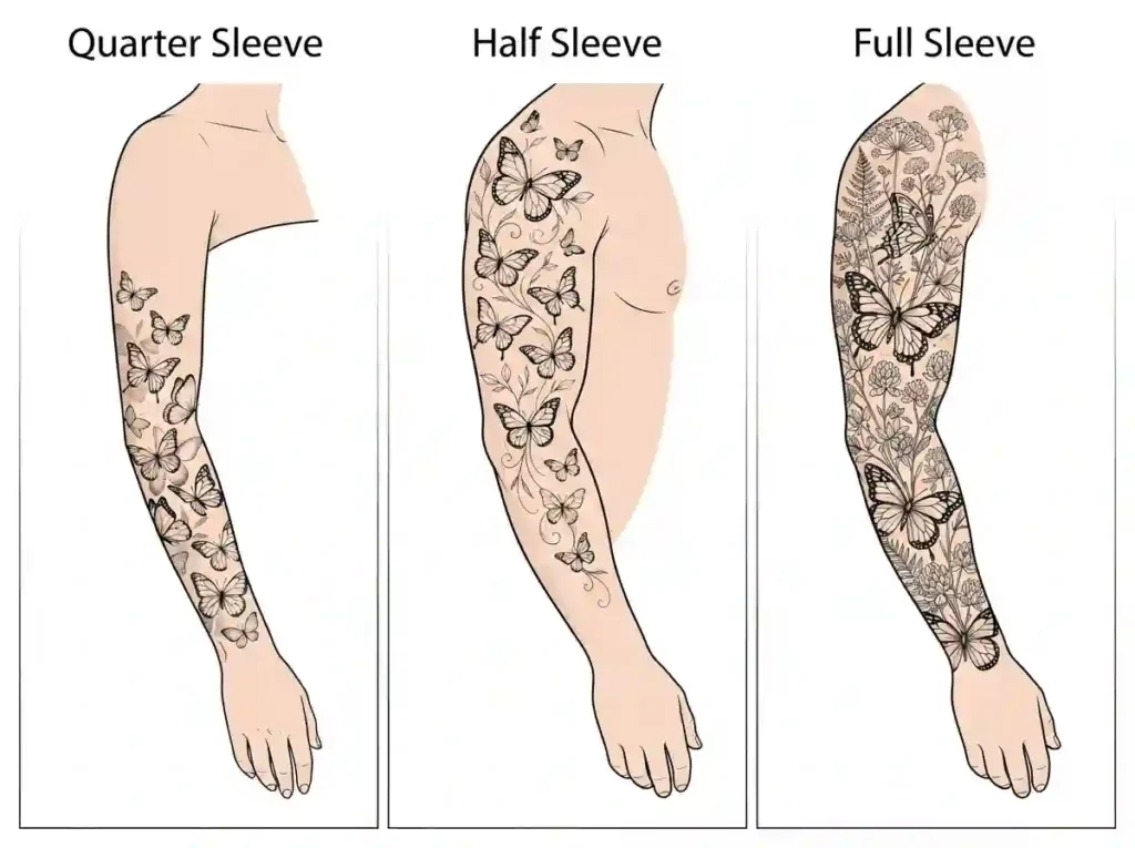 butterfly sleeve tattoo layouts for quarter half and full arm coverage
