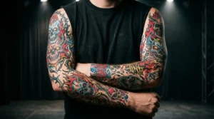 chester bennington tattoo style colorful rock sleeves on arms