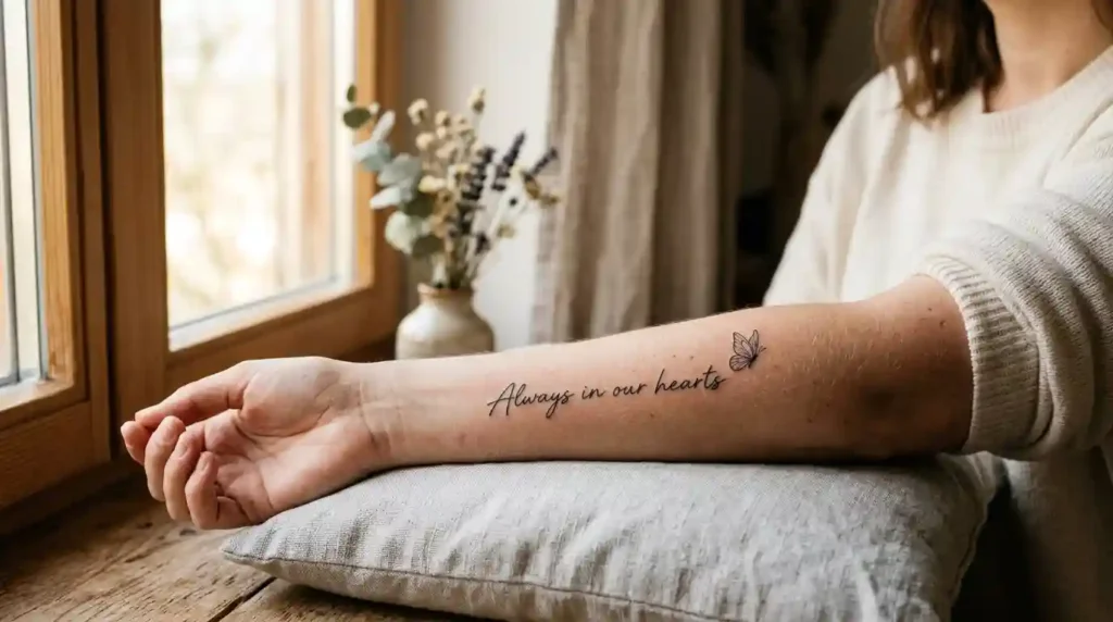 chester bennington tribute tattoo with lyric script and butterfly on forearm