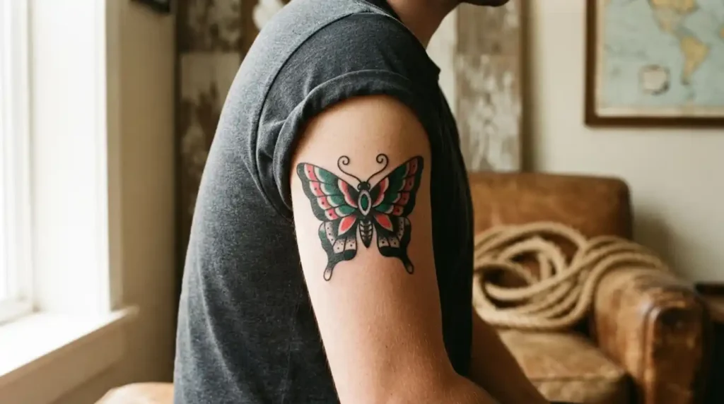 classic traditional butterfly tattoo on the upper arm