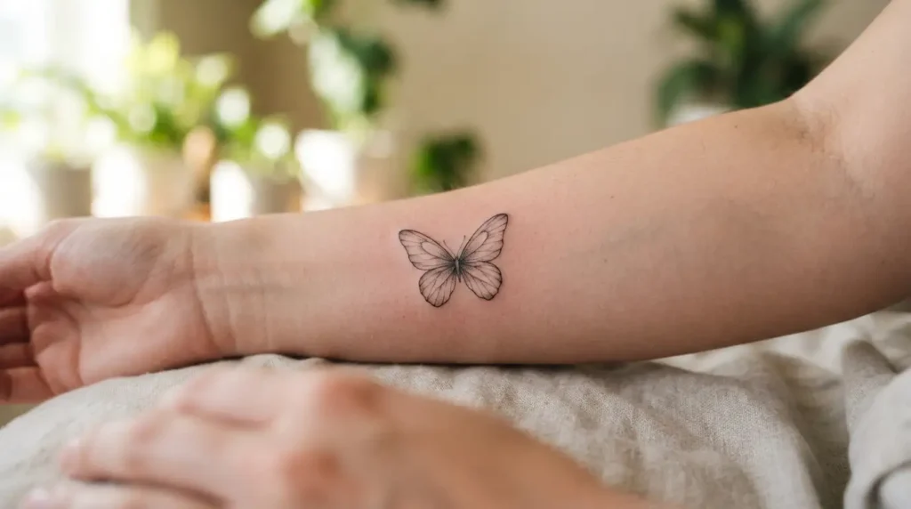 fine line butterfly tattoo delicate single needle design on inner forearm