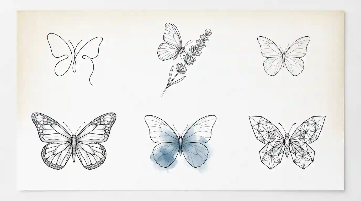 fine line butterfly tattoo ideas in minimal botanical and script styles