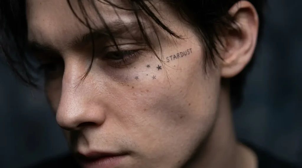 singer with face tattoos minimal stars and lettering style close up