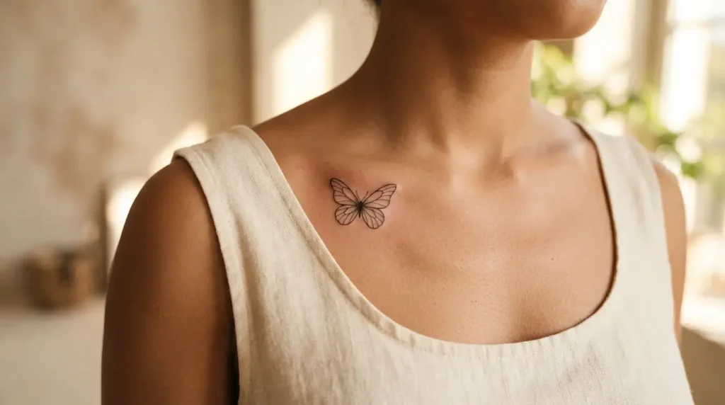 small butterfly outline tattoo on the collarbone