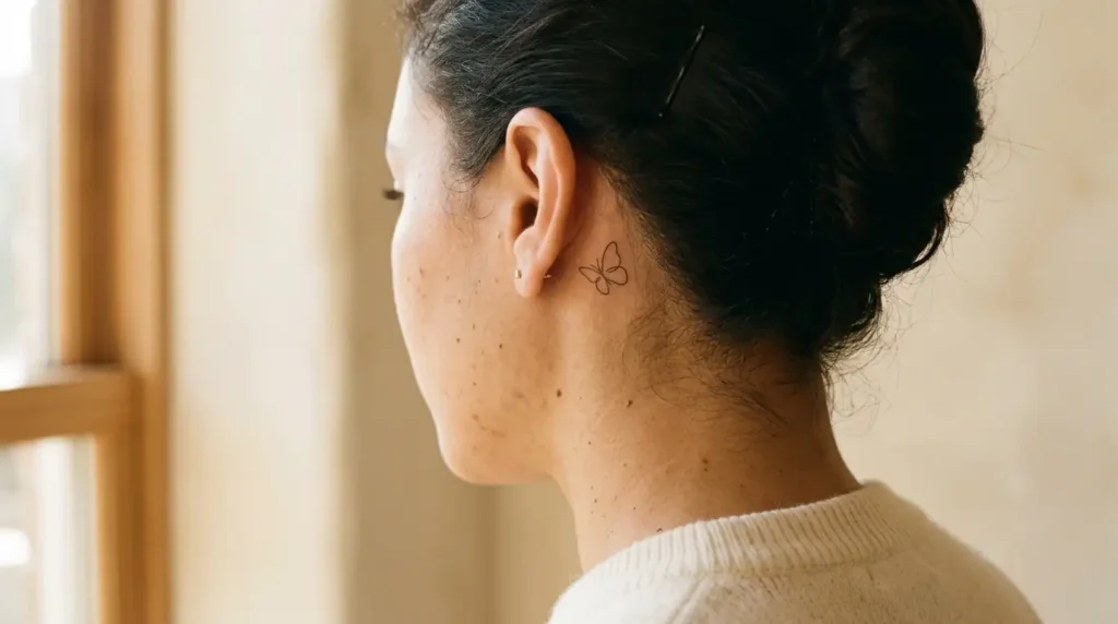 small fine line butterfly tattoo behind the ear face adjacent placement