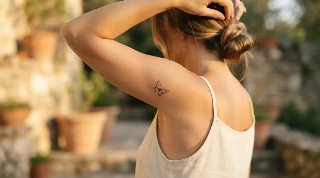 small fine line butterfly tattoo on the upper arm placement