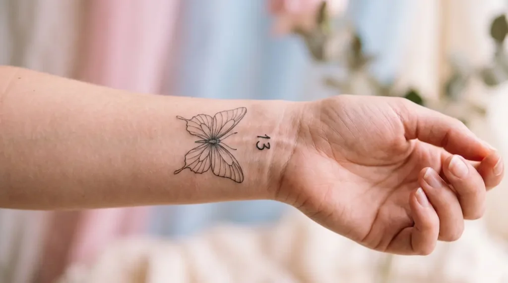 taylor swift tattoo fan tribute fine line butterfly with tiny 13 on wrist