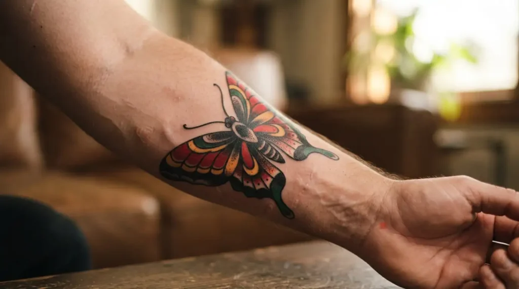 traditional butterfly tattoo bold american style on forearm
