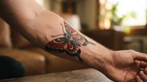 traditional butterfly tattoo bold american style on forearm