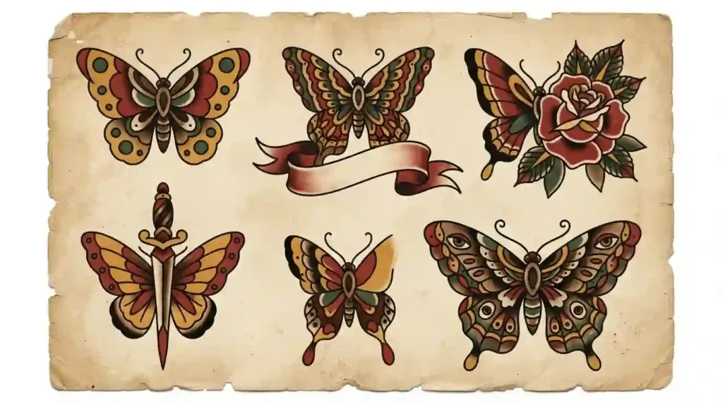 traditional butterfly tattoo flash designs in classic old school style