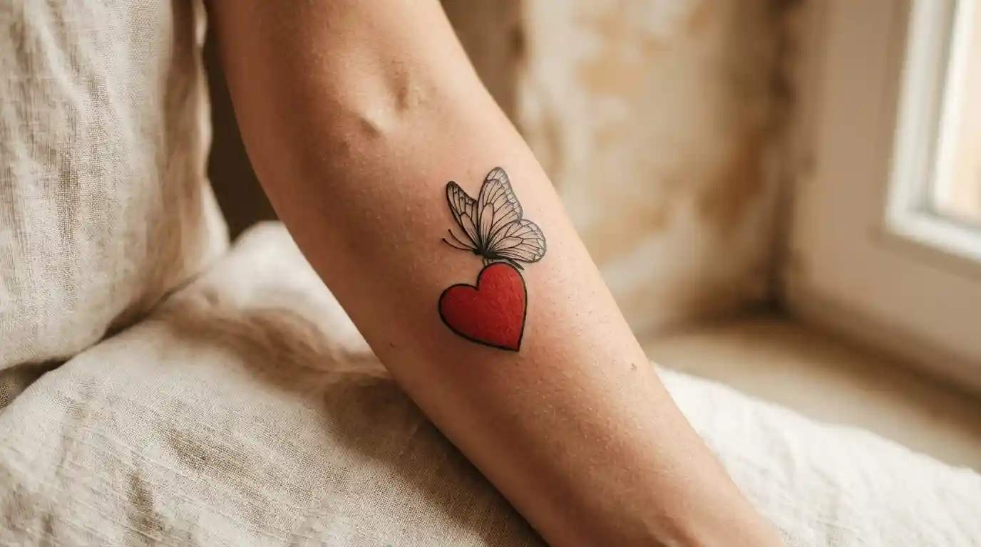traditional heart and butterfly tattoo combination on forearm