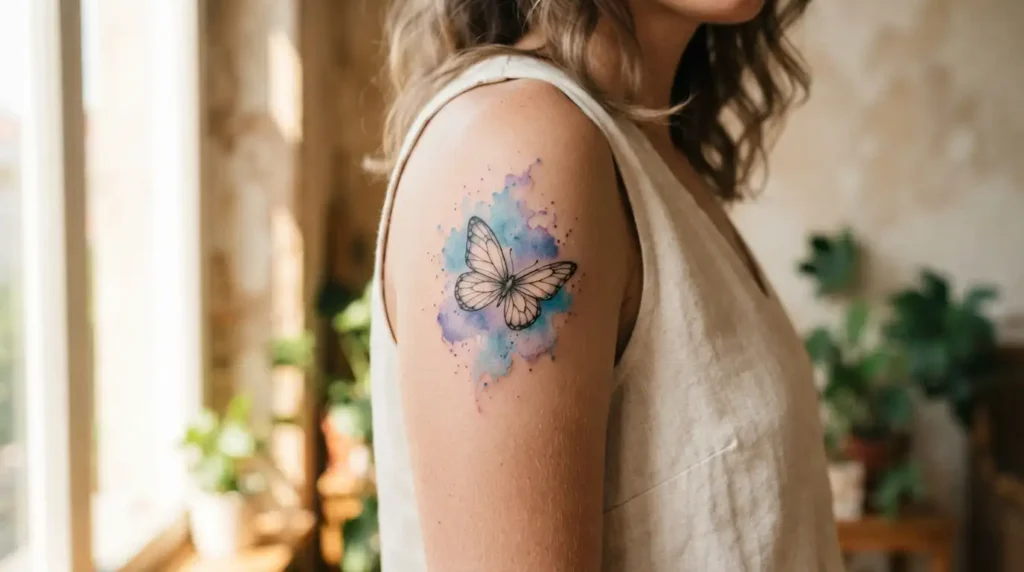 watercolor butterfly effect tattoo on the upper arm